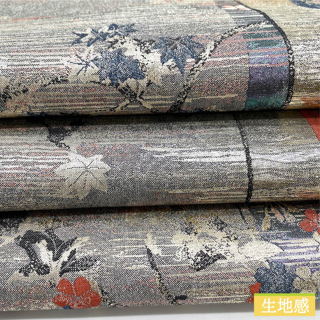 袋帯 空色鼠色(そらいろねずいろ) 紅葉 梅 帯丈444cm 正絹 Sランク 六通 フォーマル グレー系 1123010472322