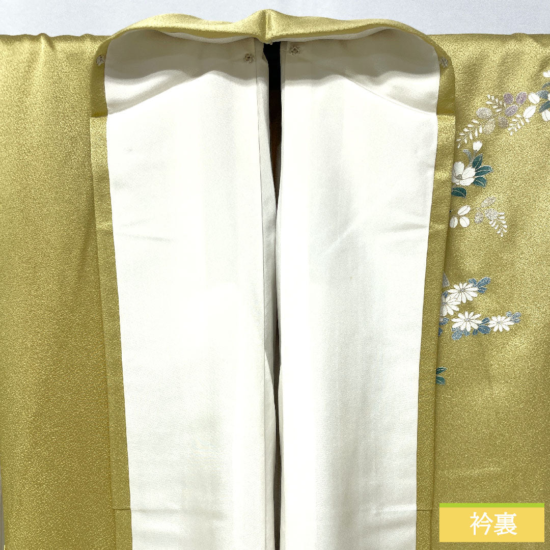 訪問着 正絹 袷 身丈156.5cm 裄丈63cm 窃黄色(せっこういろ) 京友禅 桜 菊 萩 Aランク 黄系 1112005243323