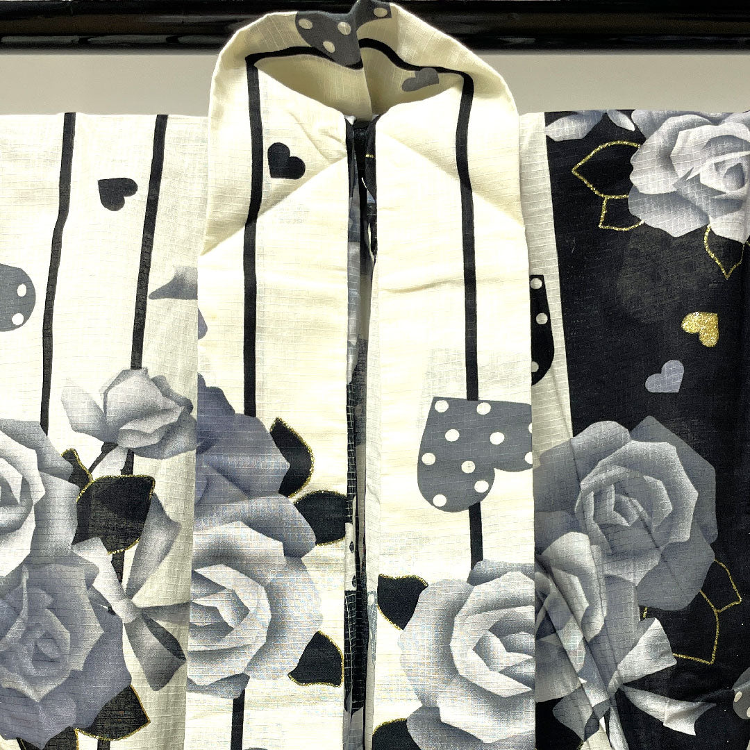 浴衣 しつけ糸付き 未使用品 モノトーン 薔薇 ハート 木綿 Sランク 単衣 身丈165.5cm 裄丈66cm グラデーション系 1118002902599