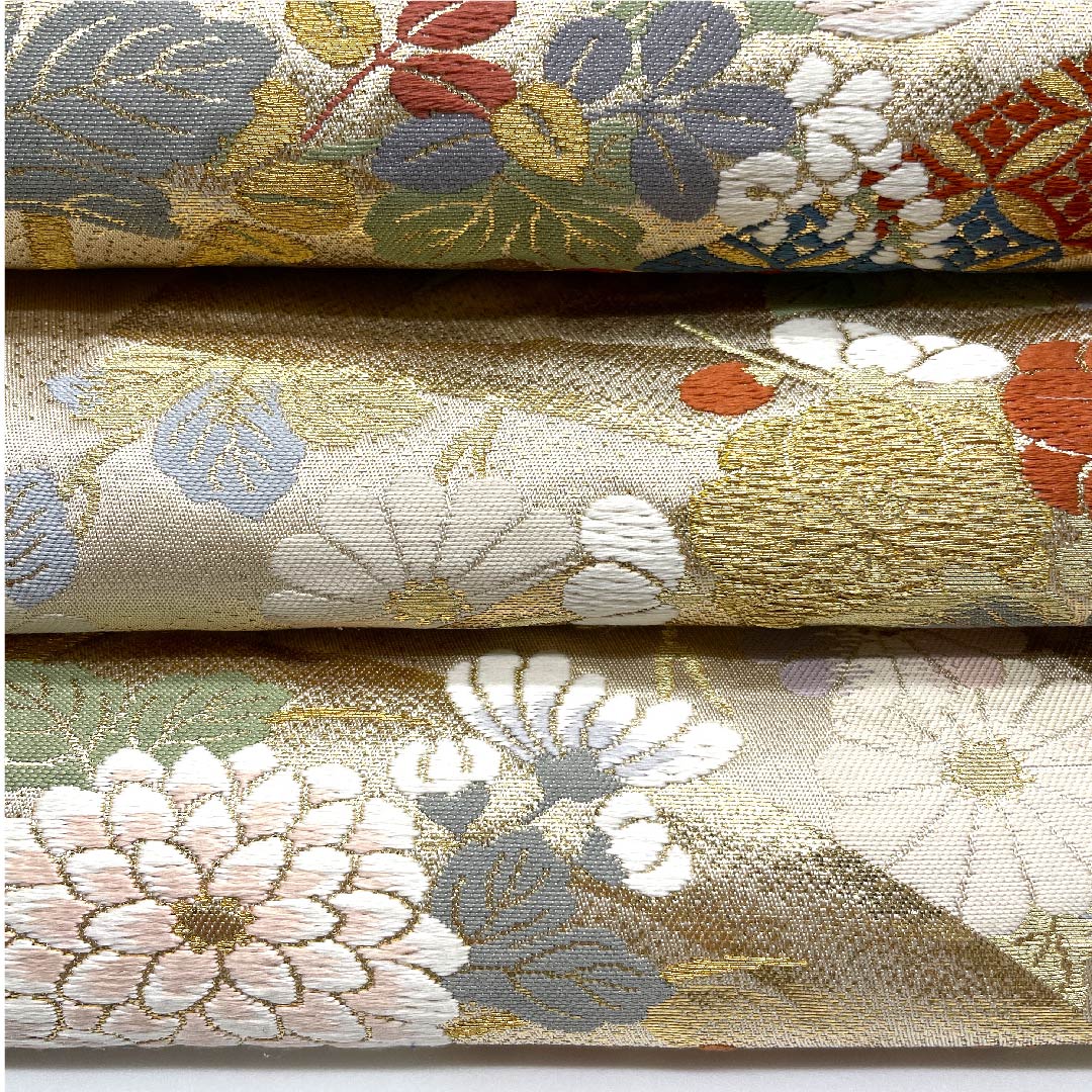 袋帯 生成り色(きなりいろ) 扇面 吉祥文様 七宝 帯丈424cm 正絹 Aランク 六通 フォーマル クリーム系 1123007573315