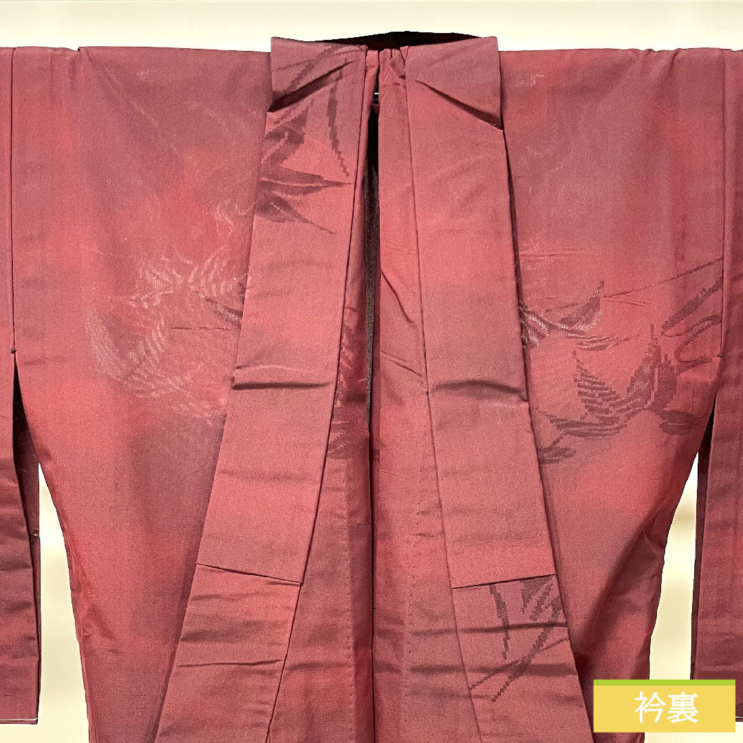 夏物 正絹 小紋 身丈156cm 裄丈62.5cm 暗紅色(あんこうしょく) 紋紗 笹 紗 Sランク 赤系 1132001902312