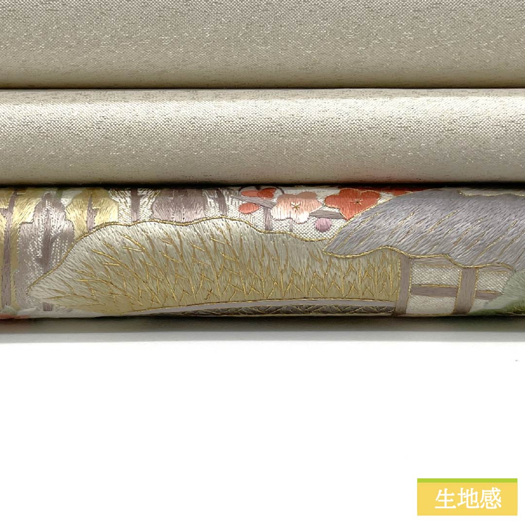袋帯 正絹 Aランク 生成り色(きなりいろ) 蘇州刺繡 綴れ地 風景模様 銀糸 帯丈468cm ポイント柄 セミフォーマル 白系 1123017533411