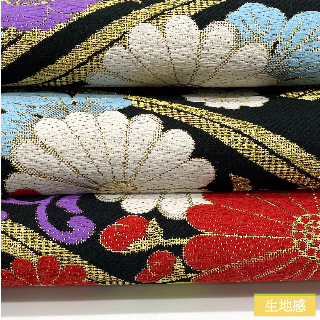 袋帯 正絹 黒色(くろいろ) 菱模様 菊 桜 梅 帯丈454cm Sランク 六通 フォーマル 黒系 1123011582410