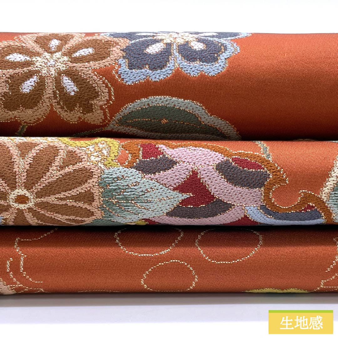 袋帯 正絹 紅柿色(べにかきいろ) 留袖用 白綾苑大庭 雪輪 花模様 帯丈436cm Sランク 六通 フォーマル 橙系 1123014402326