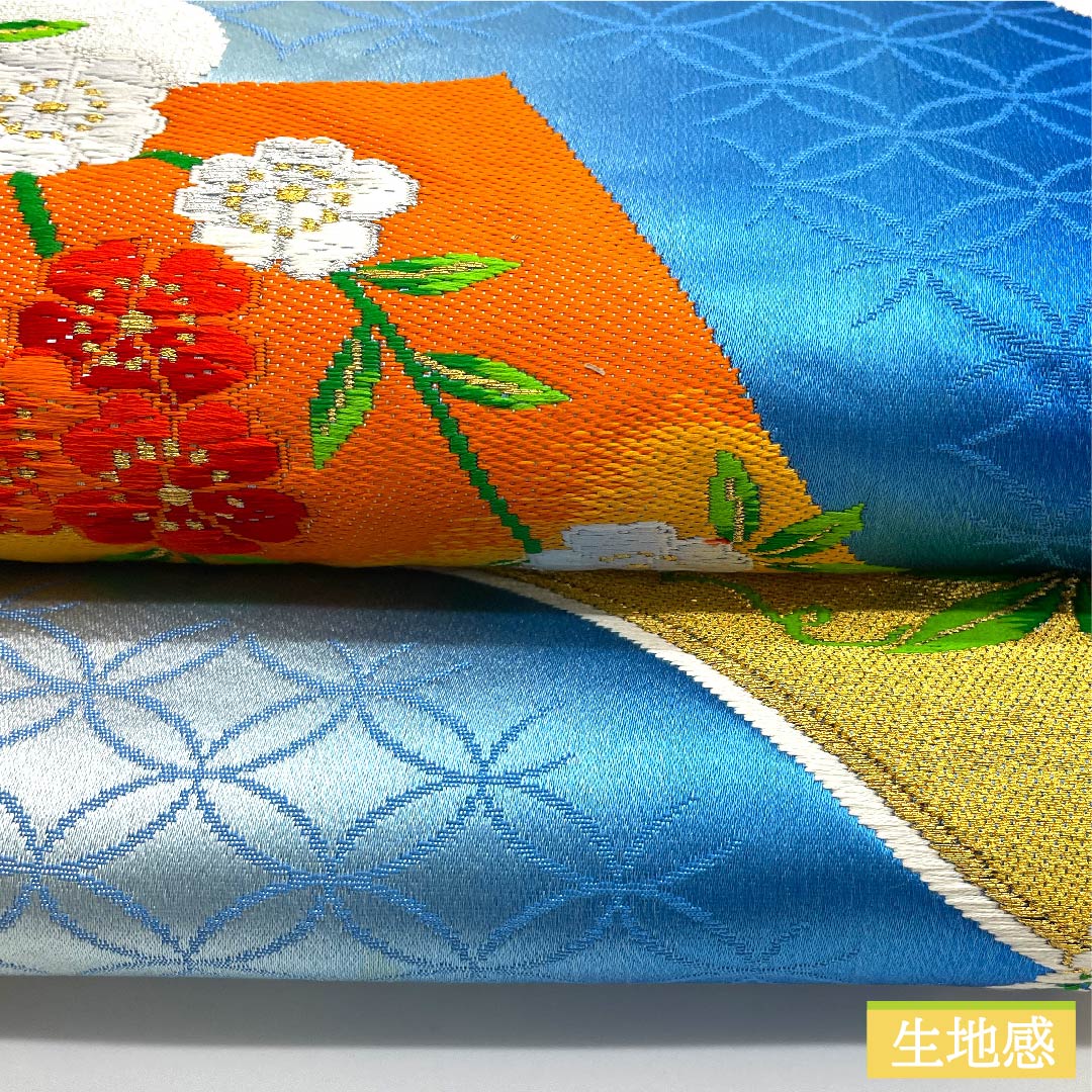 袋帯 瑠璃色(るりいろ) 七宝 藤の花 桜 帯丈420cm 正絹 Aランク 六通 フォーマル 青系 1123010073317