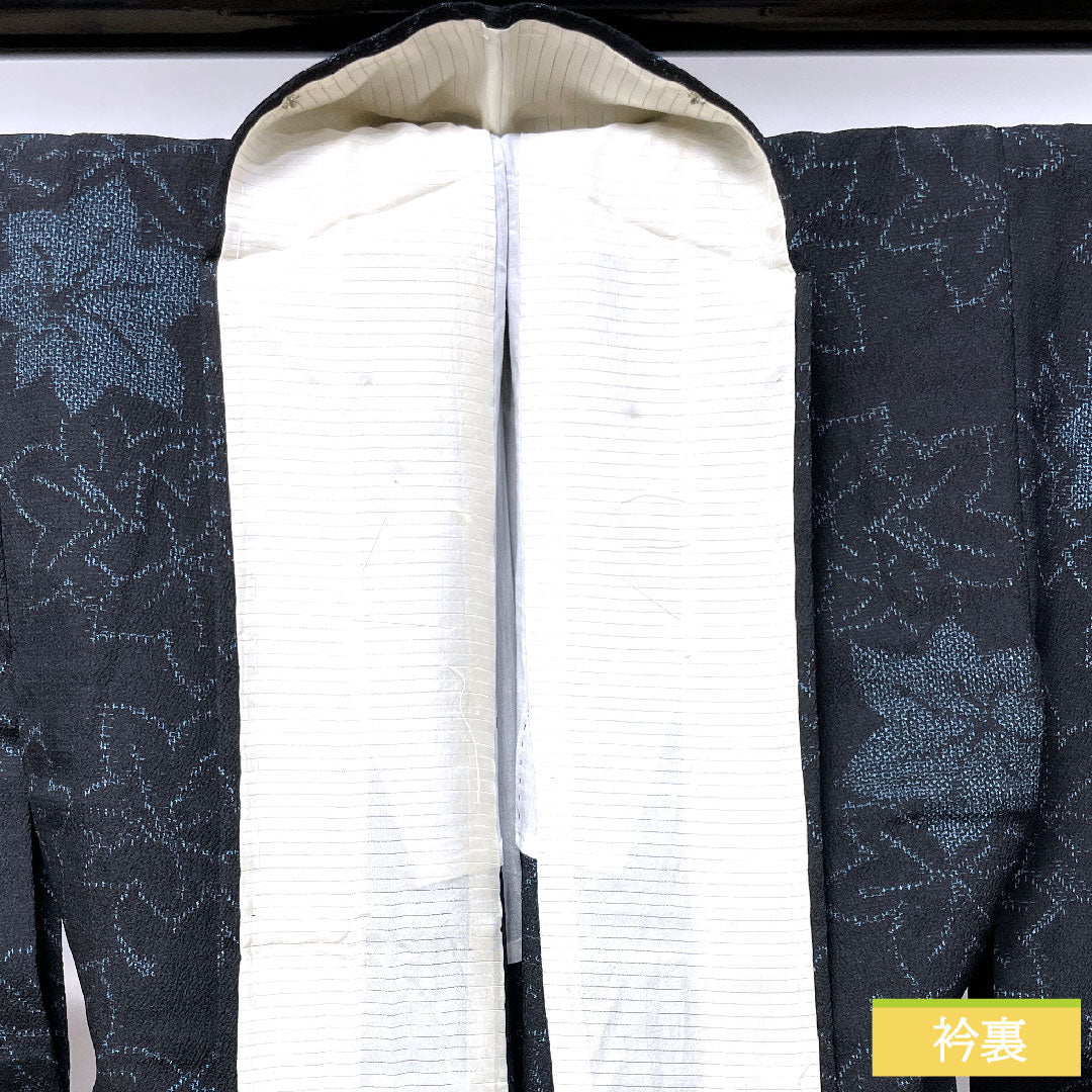 紬 正絹 身丈151.5cm 裄丈62cm 紅葉 Aランク 単衣 黒系 1116003153210