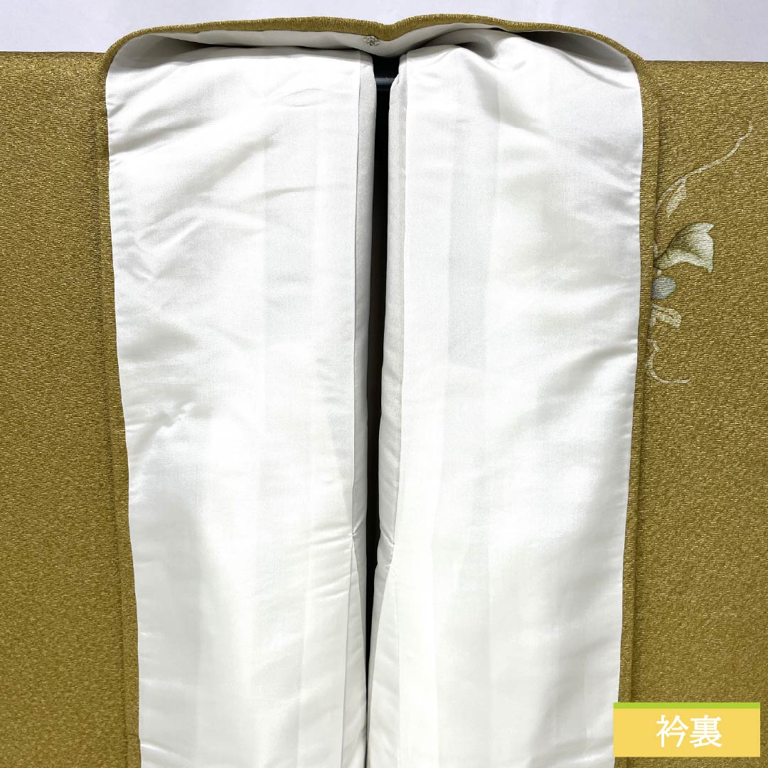 Homongi Silk S-rank Awa Length 159cm Sleeve-to-shoulder 67cm Umeya Shibuiro (Plum & Astringent Color) Tsukesage Kyo-Yuzen Makiro Chirimen Artisan piece Floral Yellow 1112007652323