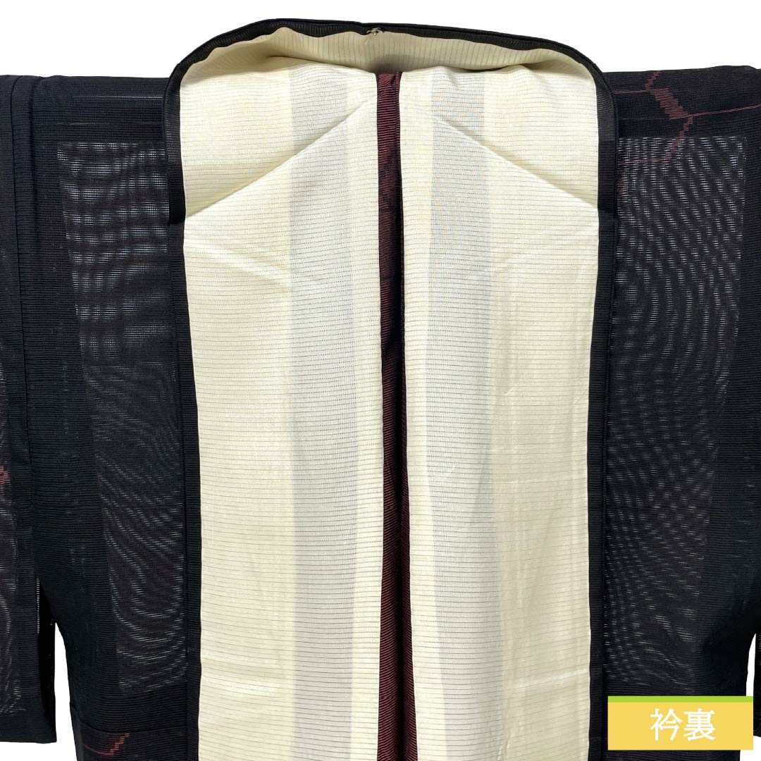 夏物 正絹 お召 Bランク 身丈157cm 裄丈65.5cm 幾何学模様 紗 黒系 1132006444310