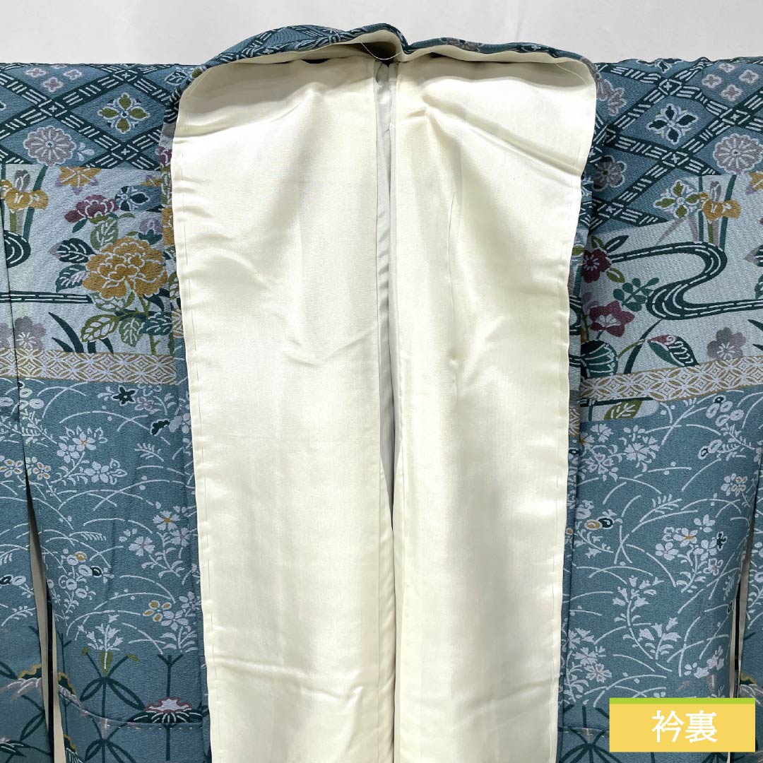 Homongi Silk S-Rank Lined Kimono Length 166cm, Sleeve to Sleeve 67.5cm, Kage-asagi Color, Stenciled, Artist-made, Classic Pattern, With basting stitches, Blue series, 1112007792517