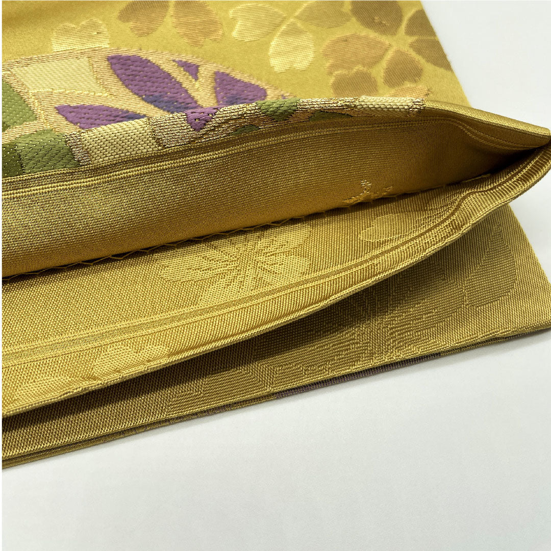 袋帯 桑染色(くわぞめいろ) 振袖用 桜 毬 帯丈444cm 正絹 Aランク 六通 フォーマル 金系 1123005183321