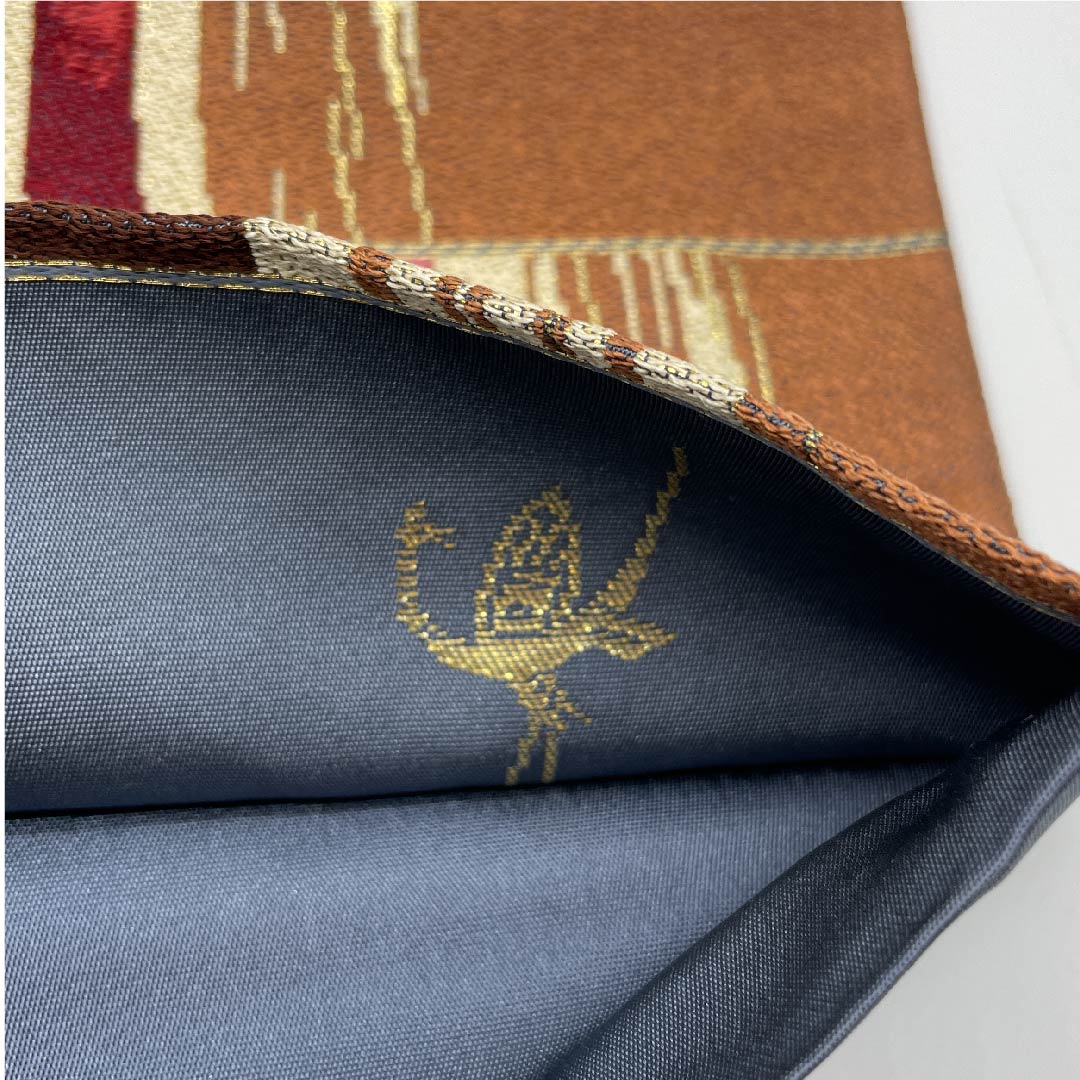 袋帯 赤錆色(あかさびいろ) 白綾苑大庭 幾何学模様 帯丈434cm 正絹 Sランク 六通 カジュアル グラデーション系 1123008802399