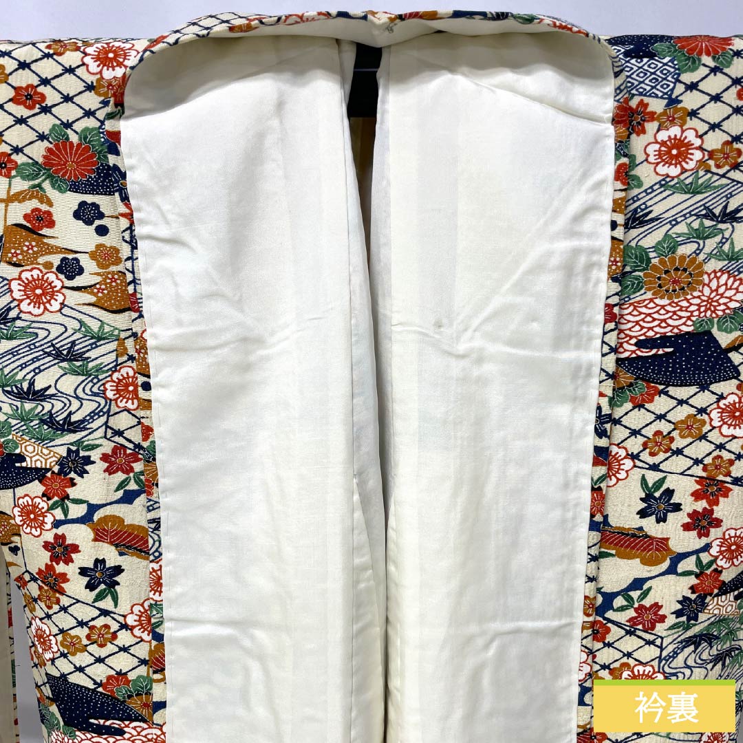 Komon (small pattern) kimono, pure silk, A-rank, length 158cm, sleeve length 62cm, lined, Tokyo white-brown (Tokyo shirachairo), tsumugi fabric, classic pattern, cream-toned, with basting threads, product number 1115007313315