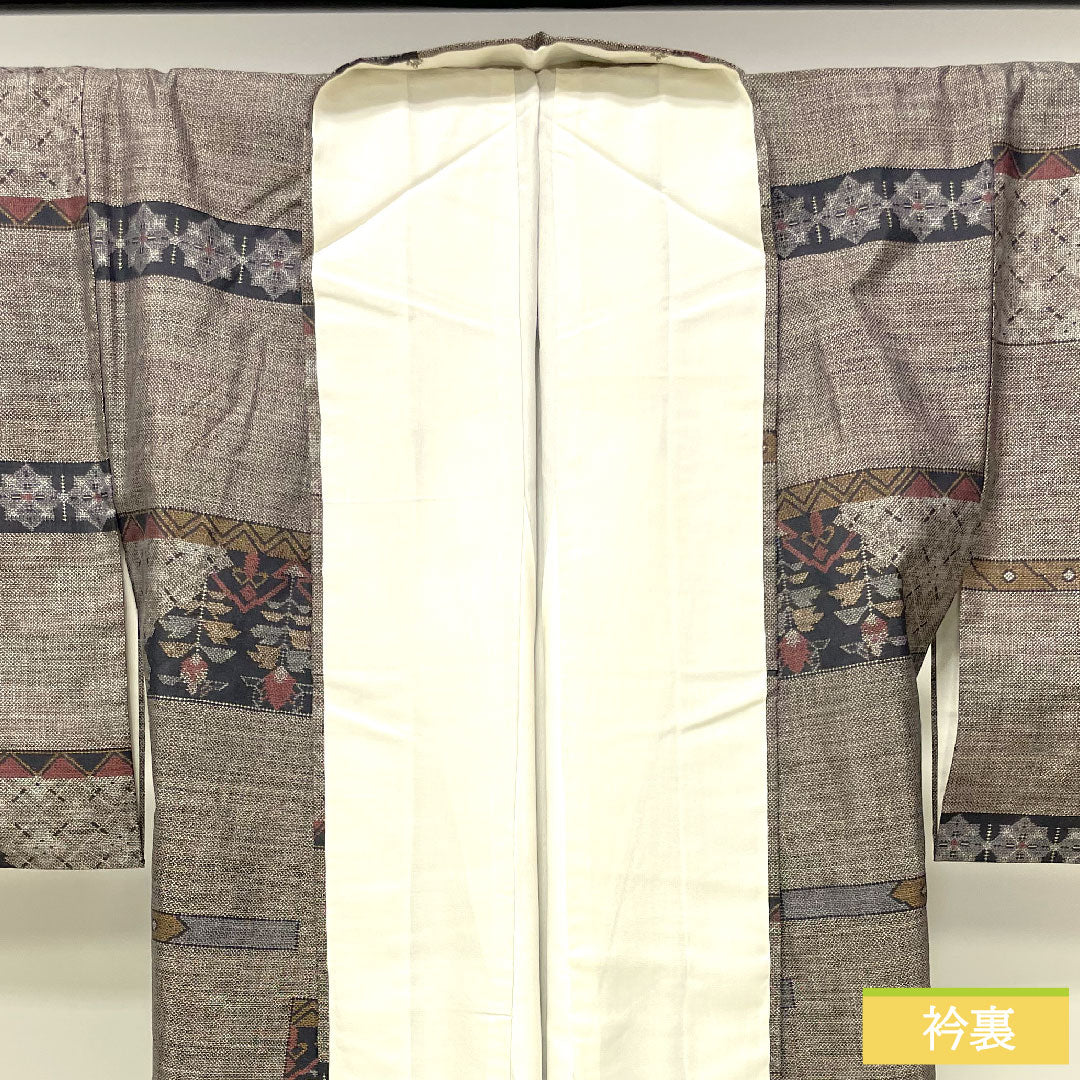 Silk pongee, Length 167.5cm, Sleeve length 66cm, Oshima pongee, 9 marks, Abstract pattern, A rank, Lined, Brown, 1116003373514