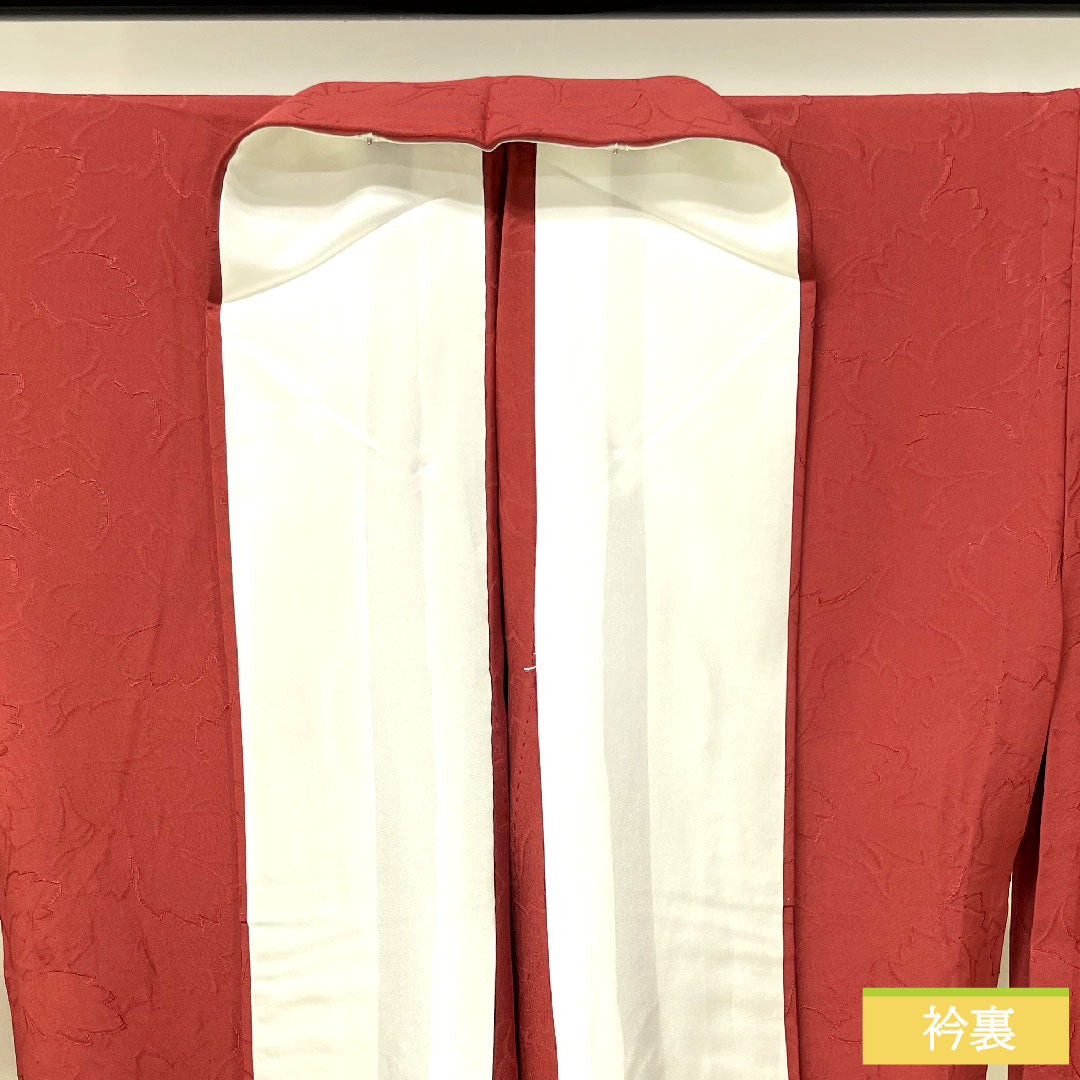 色無地 正絹 身丈158cm 裄丈65.5cm 真紅色(しんくいろ) 葉っぱ模様 蔦 単衣 Aランク 赤系 1114001503312