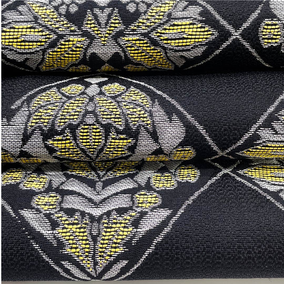 袋帯 黒色 菱 抽象花模様 帯丈447cm 正絹 Sランク 六通 カジュアル 黒系 1123009502310