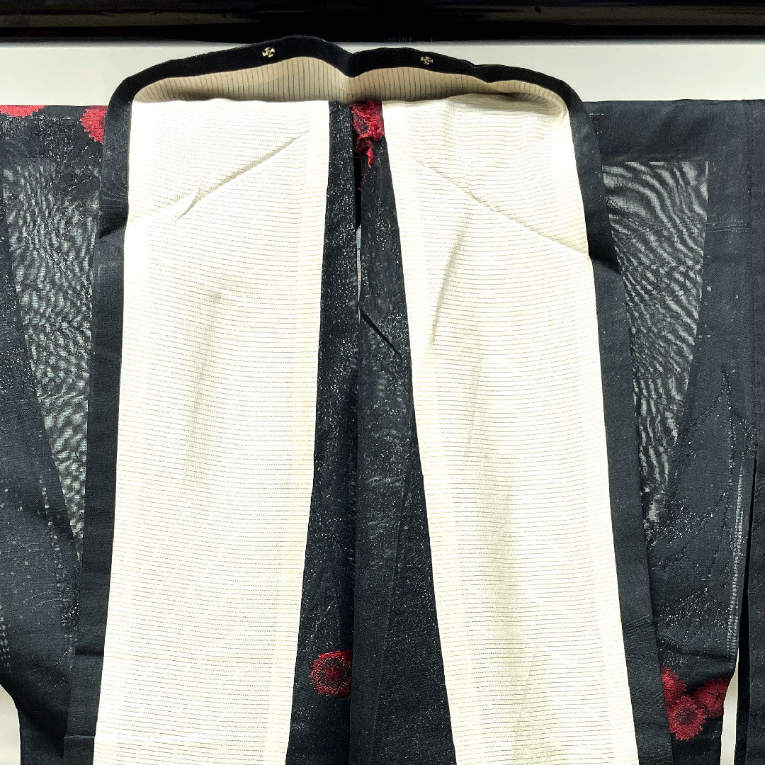 Summer kimono, polyester, small pattern, length 152.5cm, sleeve length 63cm, flowing water, chrysanthemum, washable kimono, gauze, A rank, black, 1132001243210