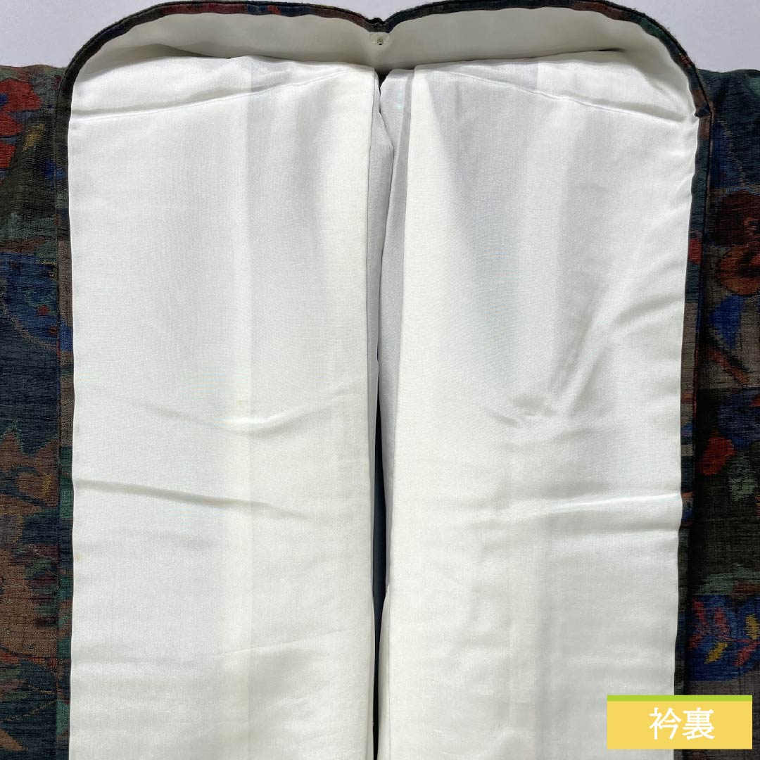 紬 正絹 身丈160.5cm 裄丈64cm 鉄色(てついろ) 小千谷紬 横段 抽象模様 Aランク 袷 緑系 1116003843419