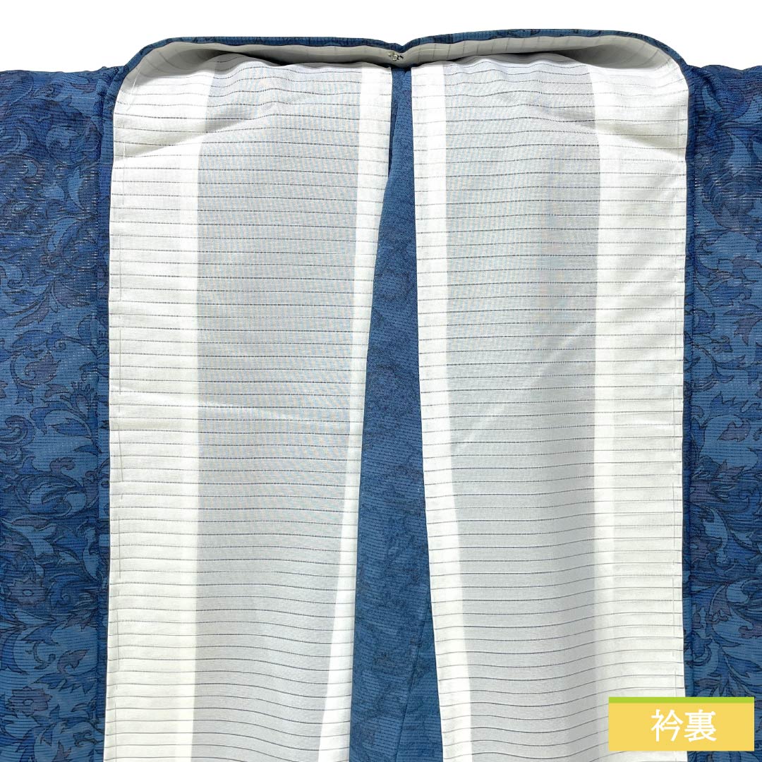 夏物 ポリエステル 小紋 Aランク 身丈167cm 裄丈66cm 甕覗色(かめのぞきいろ) 洗える着物 更紗模様 絽 青系 1132006103517