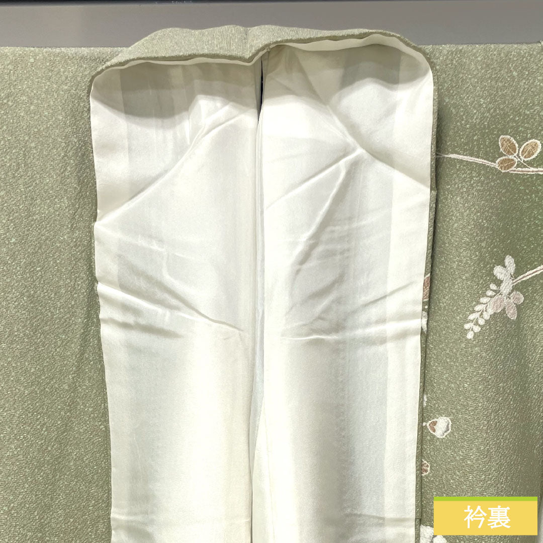 Homongi, pure silk, lined, length 163cm, sleeve length 65cm, willow-colored lining, Kyo-Yuzen, Tsujigahana, S rank, green, 1112003992419