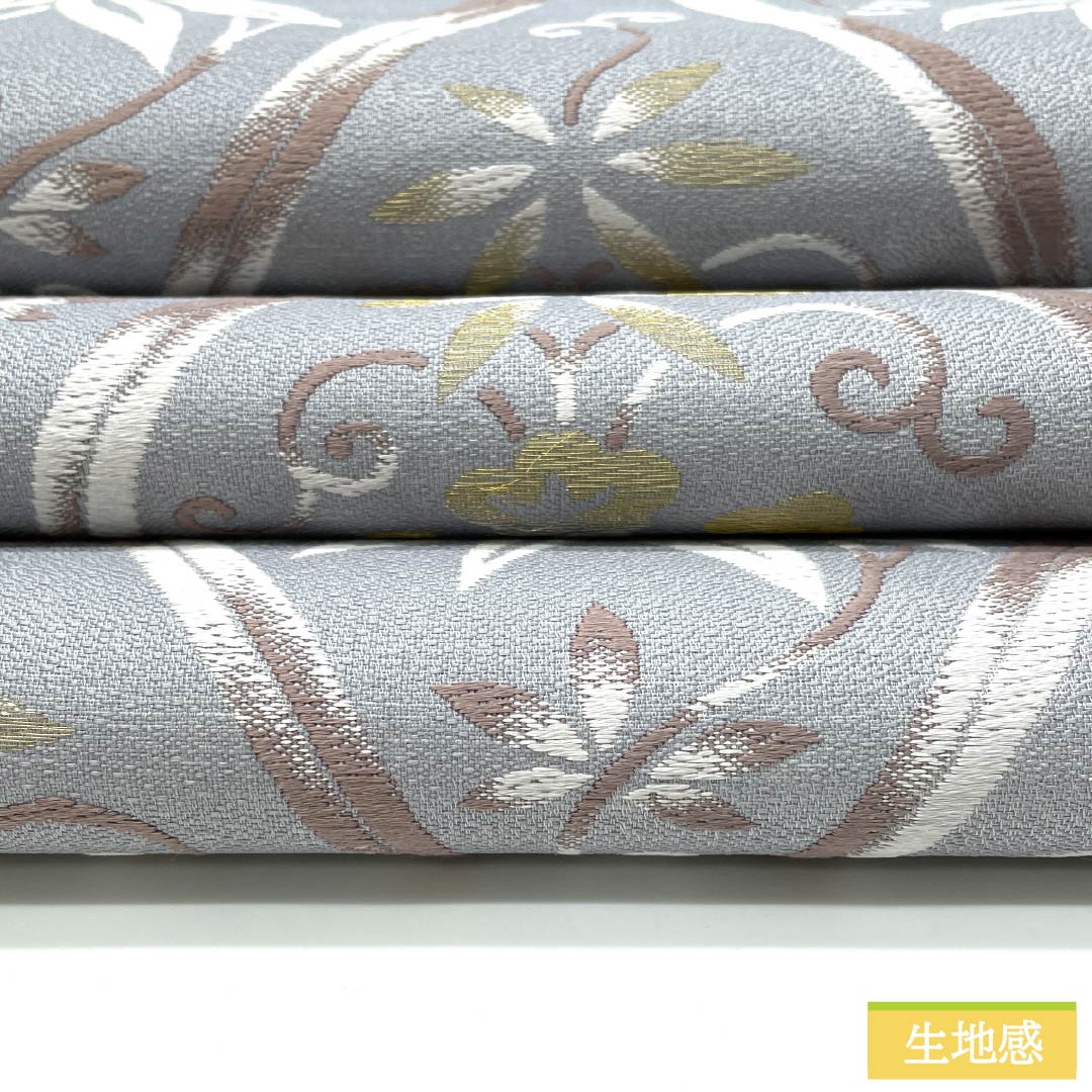 袋帯 正絹 水銀色(すいぎんいろ) 西陣織 立湧 抽象花 帯丈452cm Sランク 六通 セミフォーマル グレー系 1123012642422