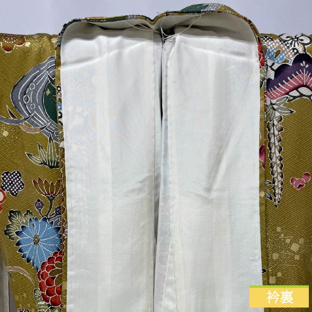 振袖 正絹 Aランク 身丈168cm 裄丈68cm 袷 菜種油色(なたねあぶらいろ) 京友禅 紗綾形 慶長柄 綸子生地 黄系 1113002523523