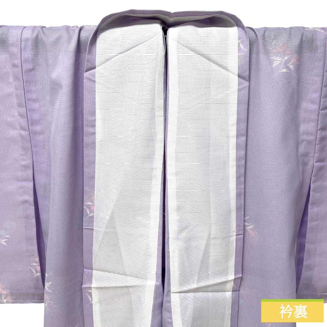 夏物 ポリエステル 小紋 Sランク 身丈159cm 裄丈64cm 薄藤色(うすふじいろ) 洗える着物 小花 絽 紫系 1132006042320