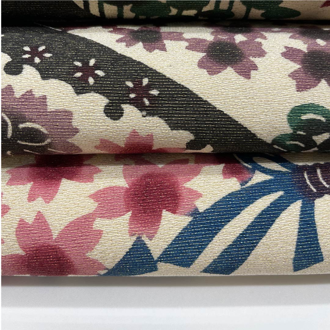 袋帯 生成り色(きなりいろ) 遠山 桜 紅葉 帯丈452cm 正絹 Aランク 全通 カジュアル クリーム系 1123005373415