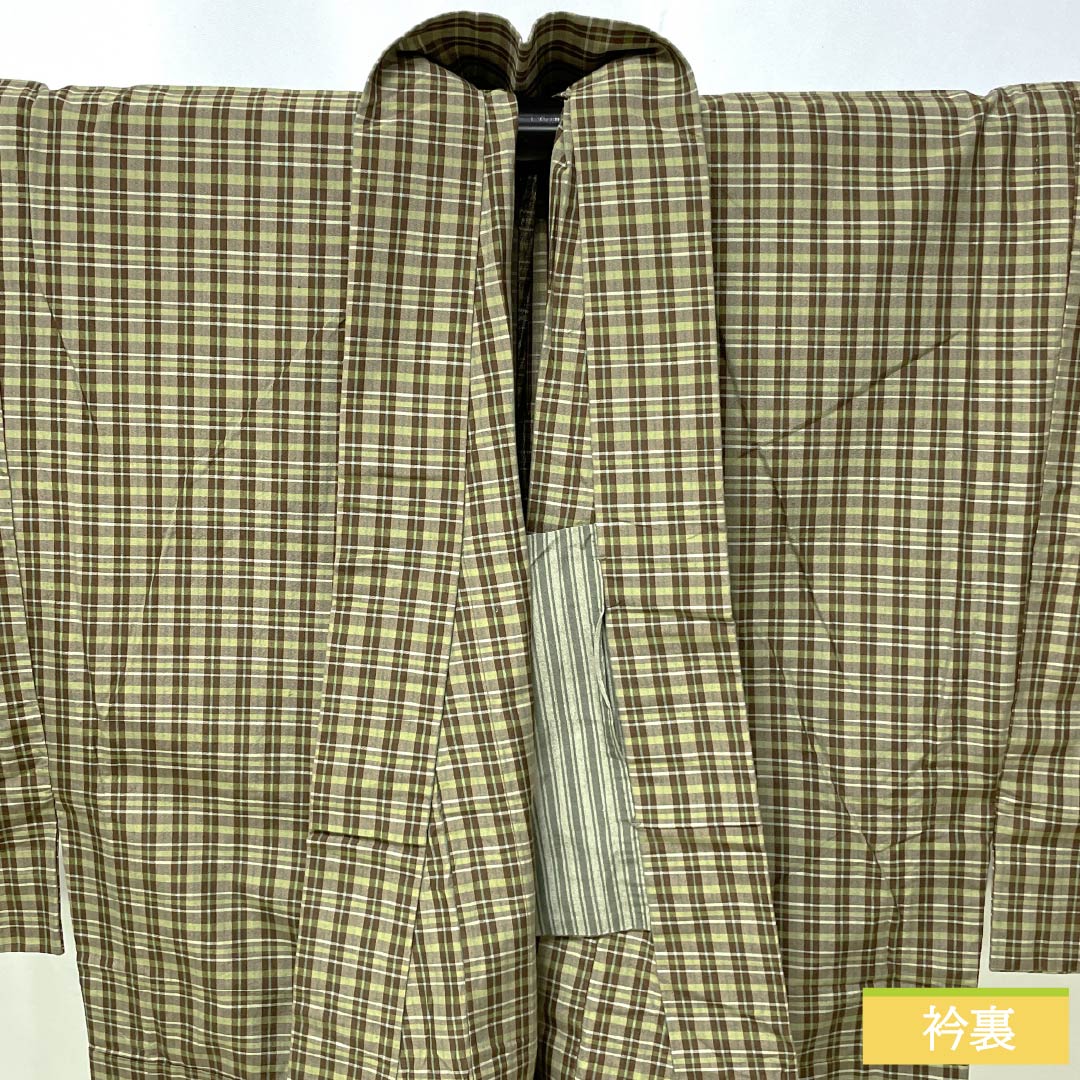 男物 木綿 Sランク 身丈148.5cm 裄丈68cm 利休生壁色(りきゅうなまかべいろ) 憲法茶色(けんぽうちゃいろ) チェック柄 内ポケット付き 単衣 緑系 1119001092419