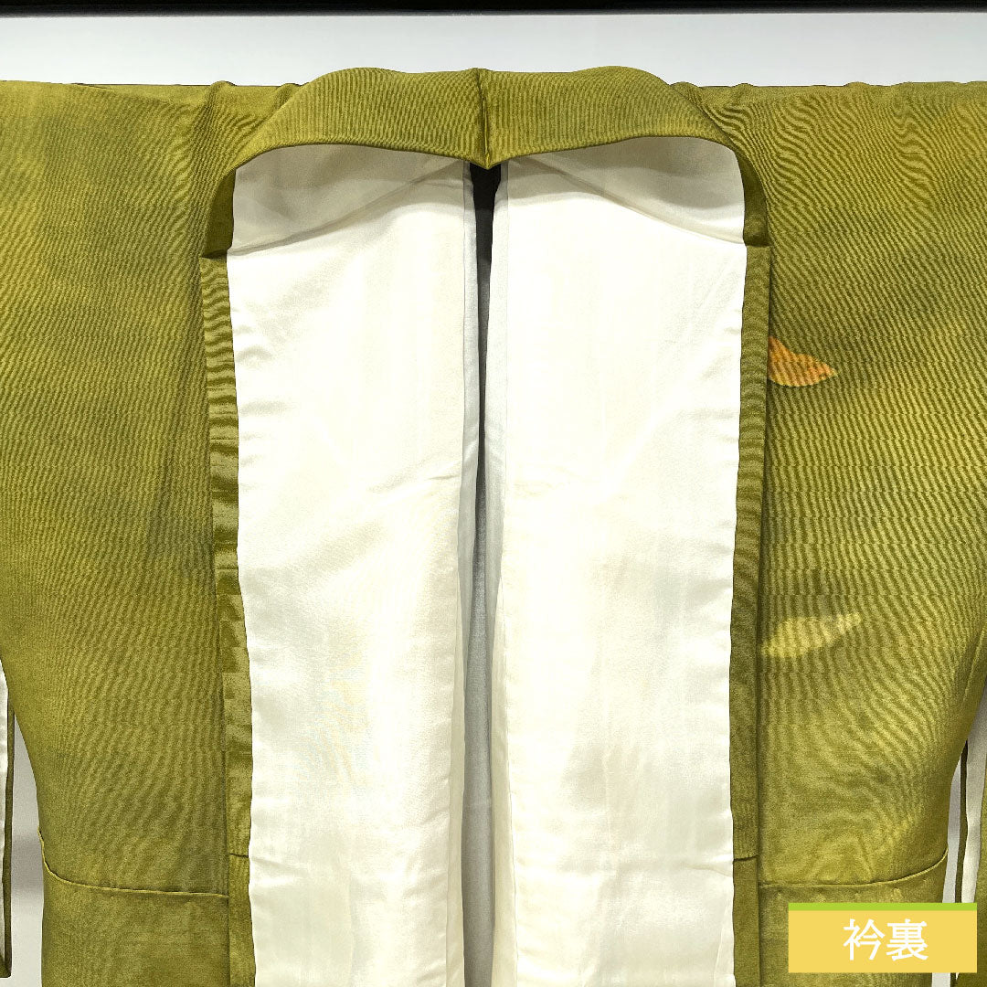 訪問着 正絹 袷 身丈157cm 裄丈66cm 青宣徳色(あおせんとくいろ) 濡れ描き 落葉模様 Aランク 緑系 1112004853319