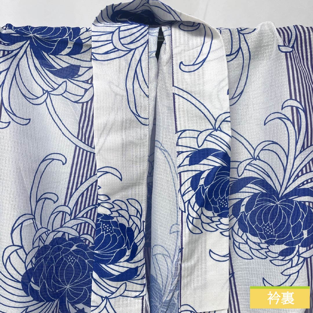 (新品未使用品) 浴衣 ポリエステル 身丈167cm 裄丈65.5cm NEWランク 単衣 白系 白色(しろいろ) 糸菊 経縞 1118005761511