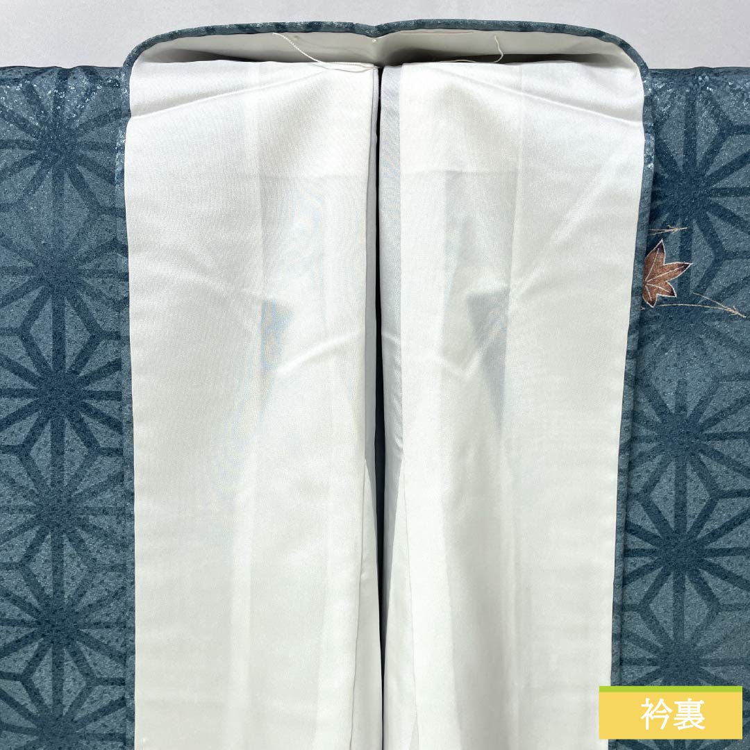 Homongi (formal kimono) made of polyester, lined, length 157cm, sleeve length 62cm, indigo brown, washable, hemp pattern, small pattern scattered, with basting thread, S rank, blue, 1112006052317