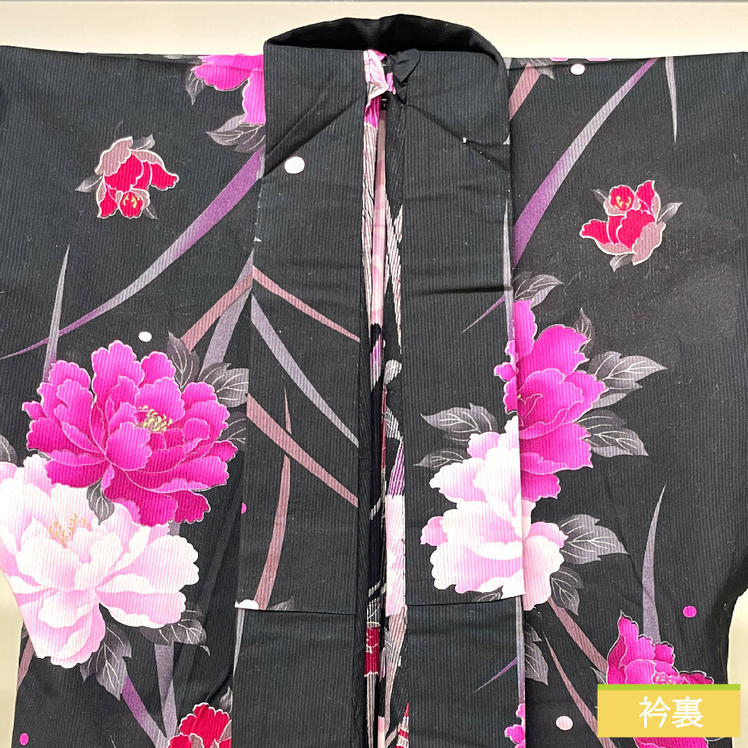 浴衣 木綿 身丈159.5cm 裄丈67cm Sランク 単衣 黒系 牡丹 1118005212310