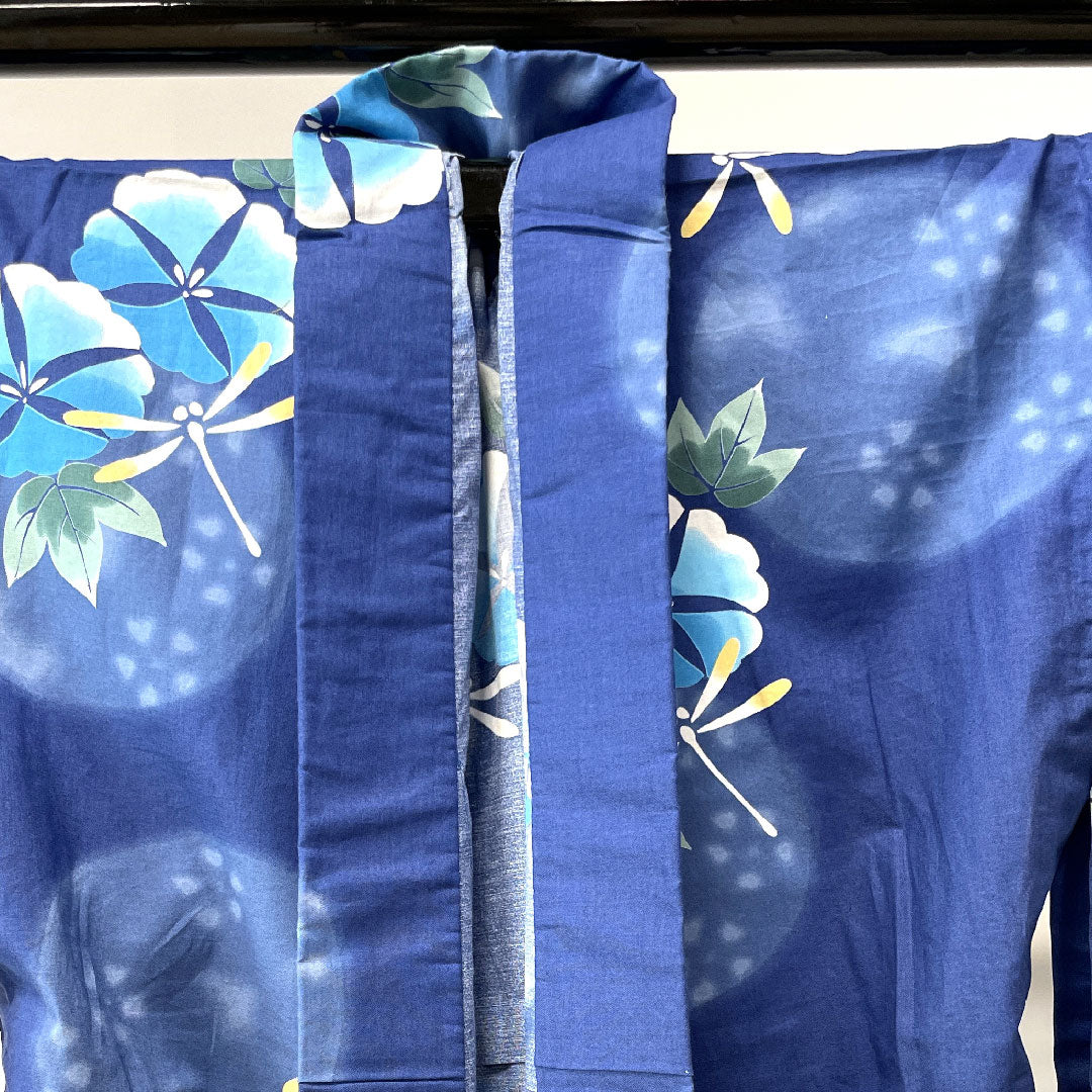 浴衣 しつけ糸付き 未使用品 紺瑠璃色 トンボ 朝顔 木綿 Sランク 単衣 身丈163.5cm 裄丈67.5cm 紺系 1118002202418