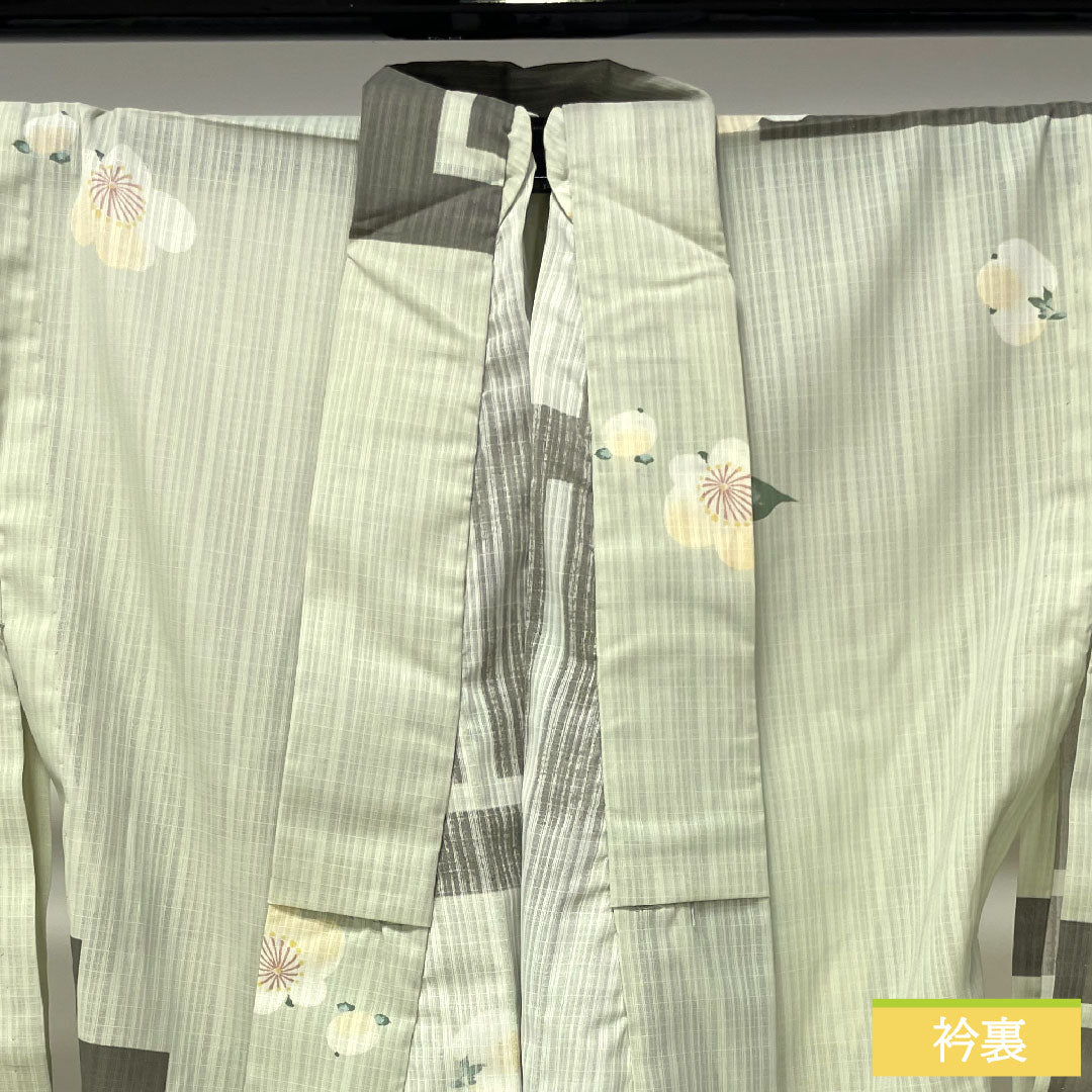 夏物 ポリエステル 小紋 身丈169cm 裄丈68cm 薄緑色(うすみどりいろ) 洗える着物 梅 椿 紗 Sランク 緑系 1132001872519