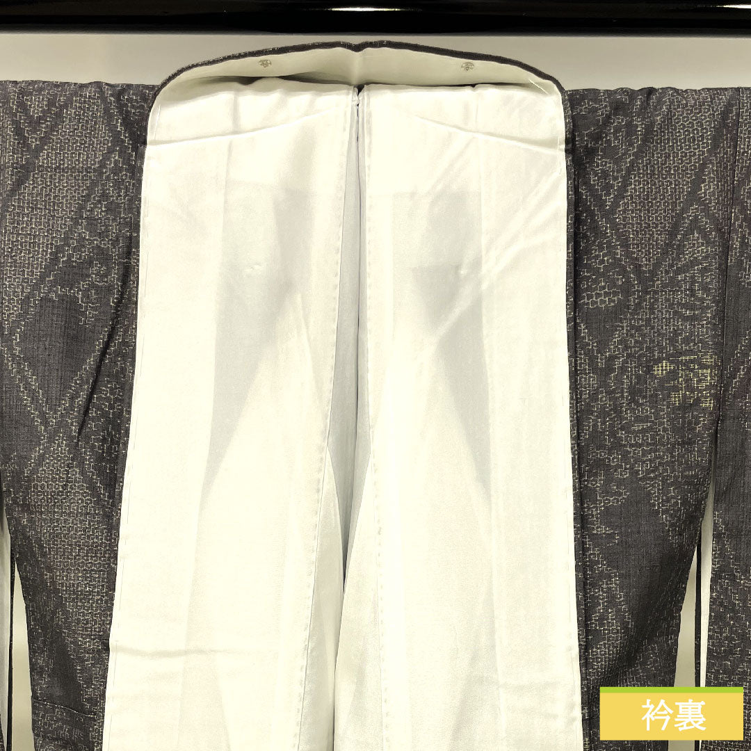 結城紬 正絹 身丈157.5cm 裄丈64.5cm 黝色 抽象模様 しつけ糸付き 未使用品 Sランク 袷 グレー系 1116003322322