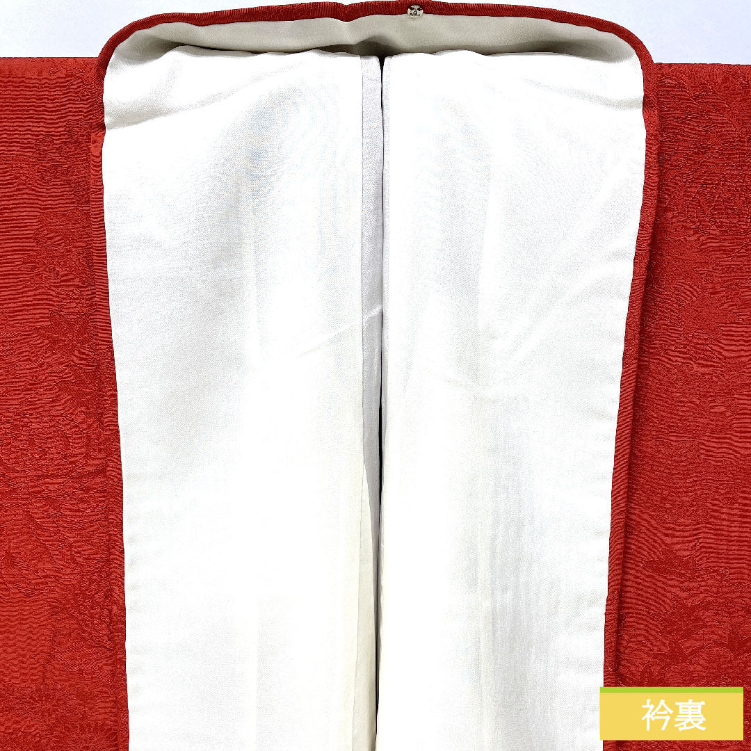 色無地 正絹 身丈161.5cm 裄丈63.5cm 紅絹色(もみいろ) 綸子 一つ紋 陰上り藤 袷 Sランク 赤系 1114002102412