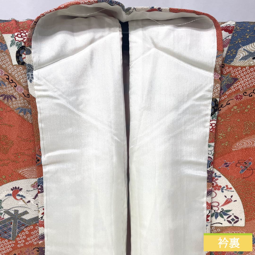 Komon silk kimono, S rank, length 159cm, sleeve length 66.5cm, lined, medium crimson (nakabeniiro) and scarlet (hiiro) with a fan-shaped classic pattern, red tones, product number 1115006672312
