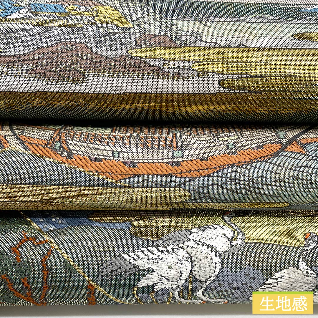 袋帯 正絹 玉虫色 留袖用 時代人物風景模様 帯丈437cm Sランク 全通 フォーマル 緑系 1123010922319