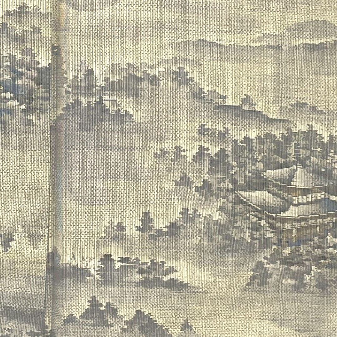 大島紬 身丈164cm 裄丈66cm 寺院風景 正絹 Sランク 袷 白系 1116000782311