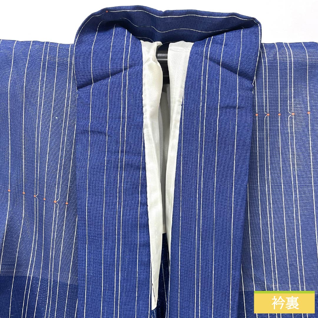 Summer kimono, polyester, small pattern, length 158cm, sleeve length 63.5cm, navy blue, striped, line pattern, washable kimono, silk, A rank, blue 1132001963317