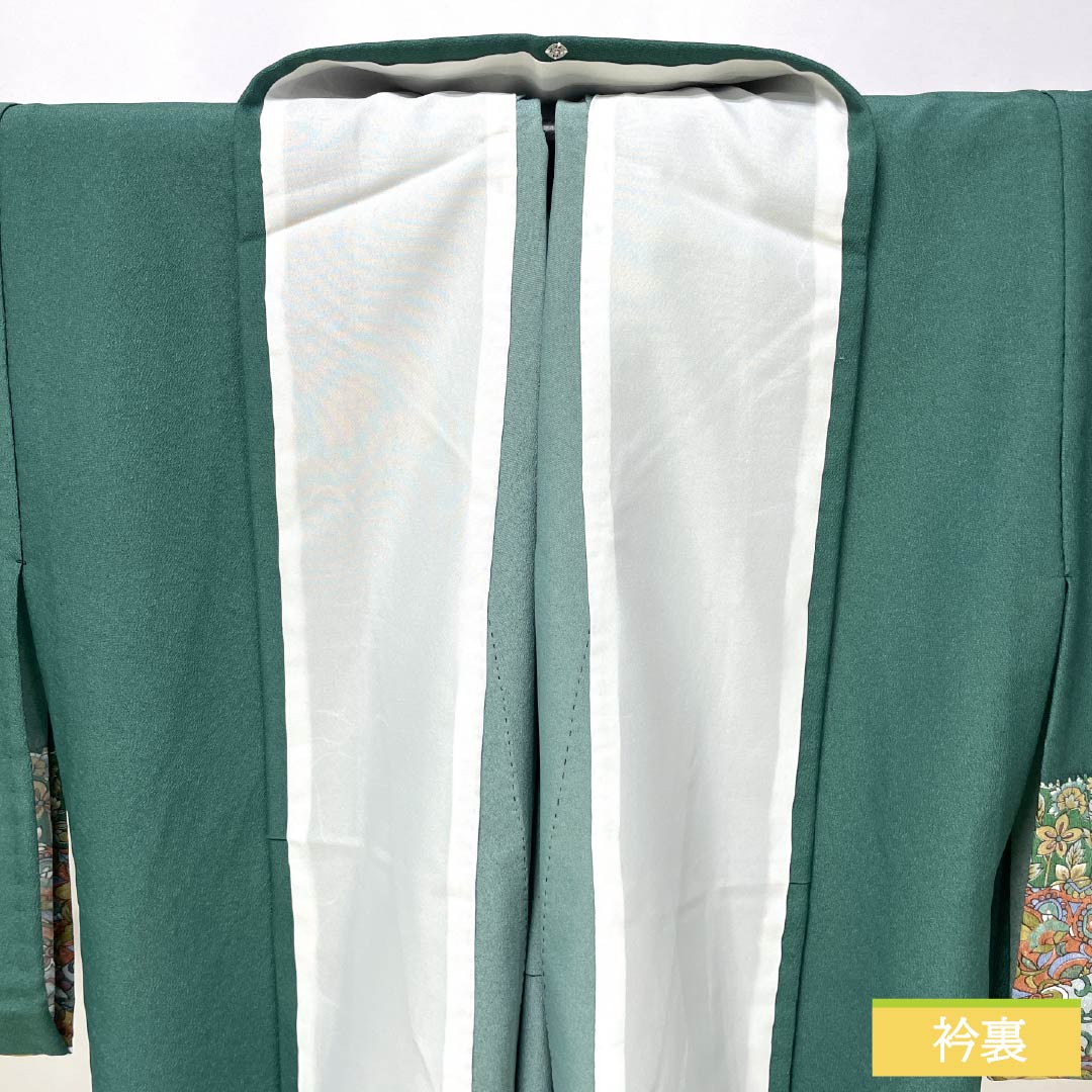 Formal Kimono, Polyester, Rank A, Unlined, Length 166.5cm, Sleeve-to-sleeve 66.5cm, Moe-gi Green, One Family Crest (Kage-tsuta), Stencil-dyed, Arabesque, Washable Kimono, Green Tones, 1112007613519
