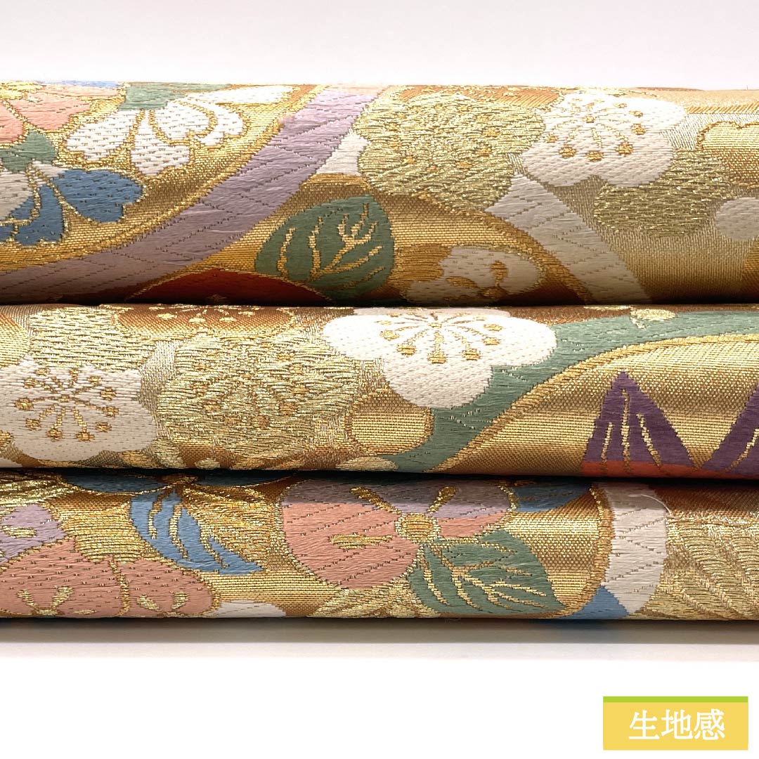 袋帯 正絹 丸紋 振袖用 菊 梅 橘 帯丈430cm Sランク 六通 フォーマル 金系 1123014682321