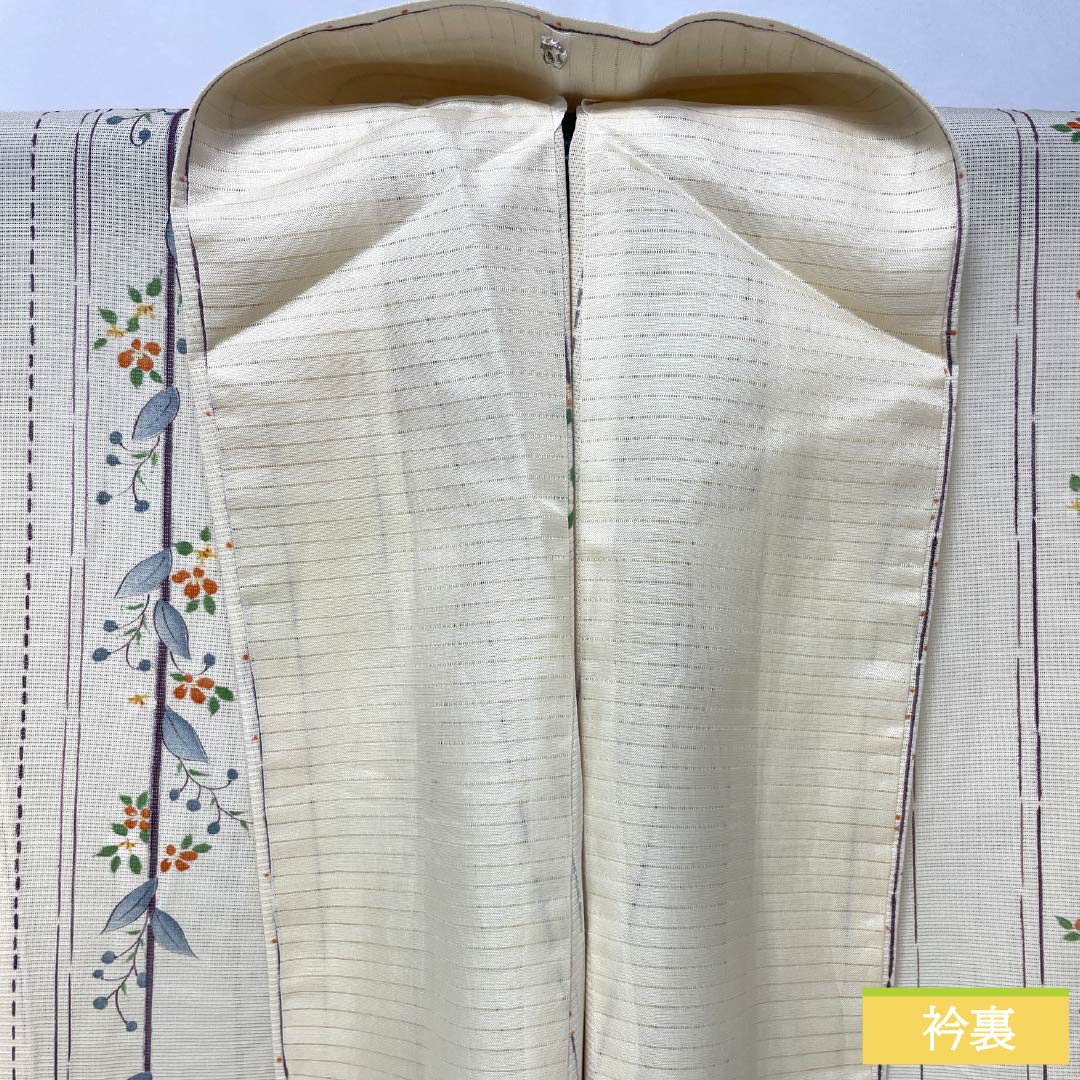 夏物 正絹 小紋 身丈153cm 裄丈62cm 生成り色(きなりいろ) 京友禅 縞 小花 絽 Aランク クリーム系 1132002053215