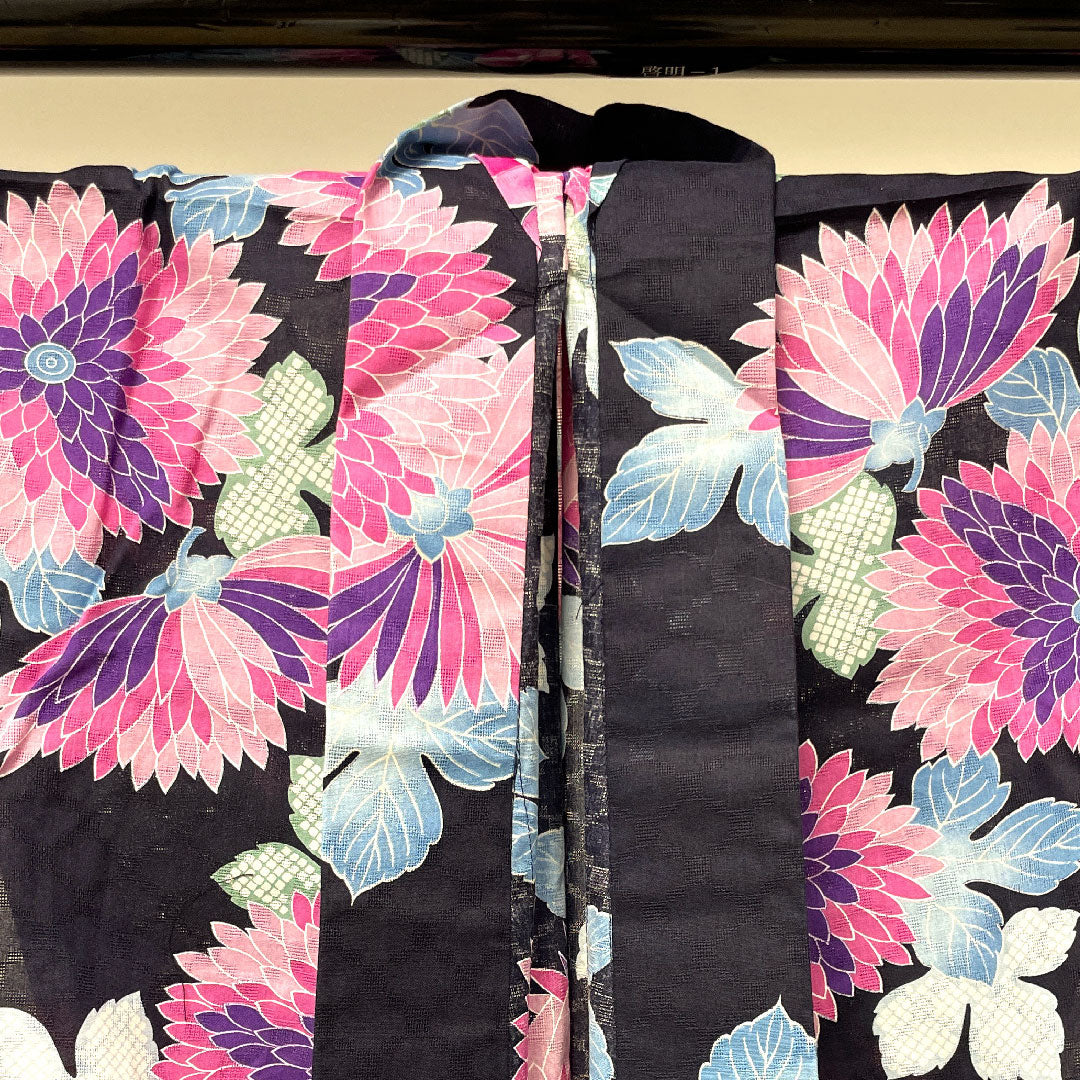 浴衣 濃紺色 菊 木綿 Sランク 単衣 身丈165.5cm 裄丈66.5cm 紺系 1118003212518