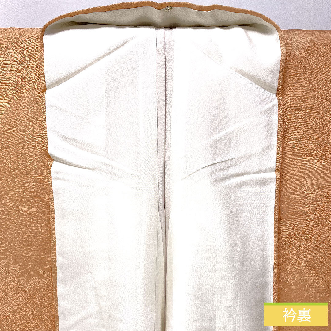 色無地 正絹 身丈156cm 裄丈63.5cm 肌色(はだいろ) 綸子 一つ紋 陰揚羽蝶 袷 Sランク 橙系 1114001902326