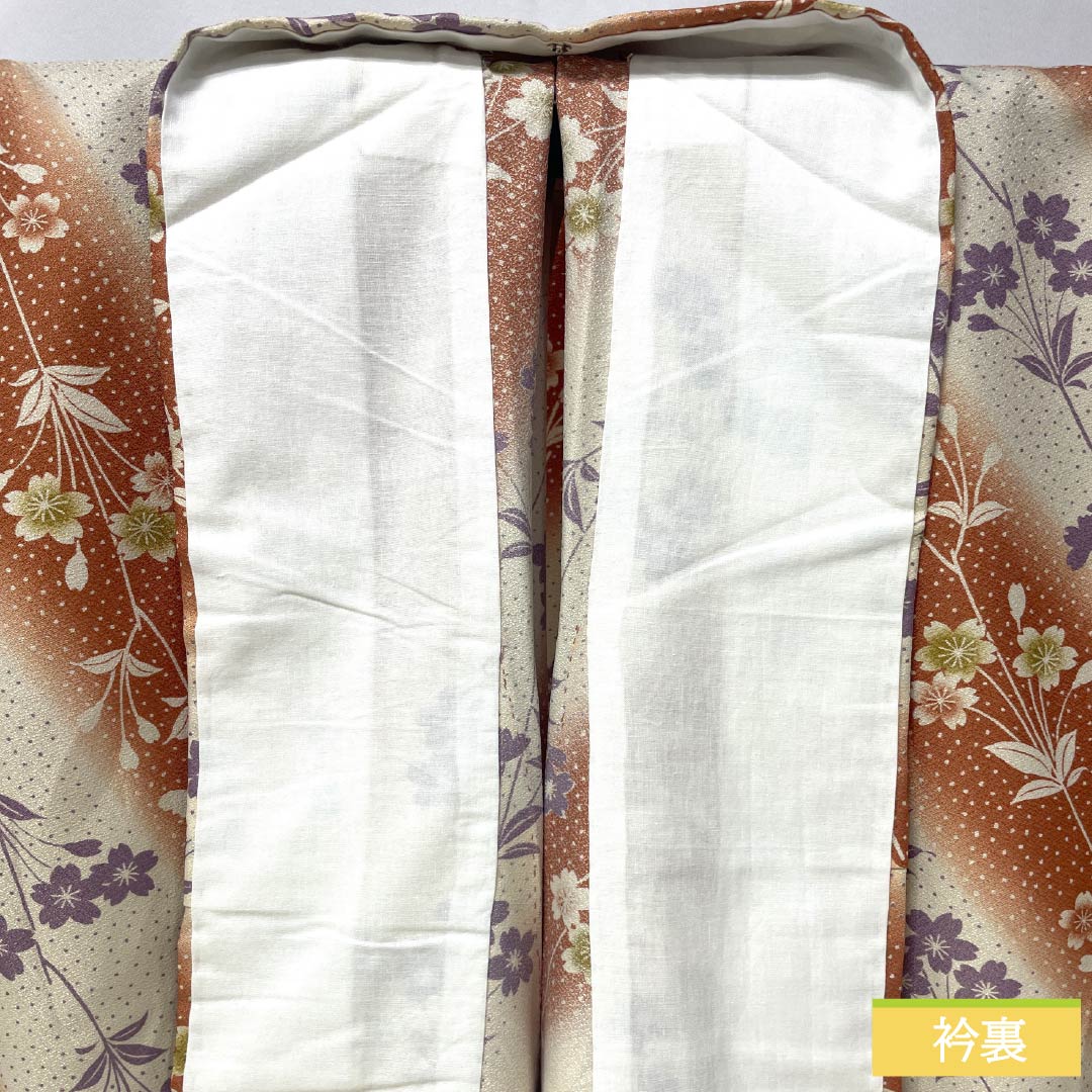 小紋 ポリエステル 身丈155.5cm 裄丈68.5cm 袷 生成り色(きなりいろ) 赤錆色(あかさびいろ) 洗える着物 桜 胴抜き Sランク グラデーション系 1115005092399