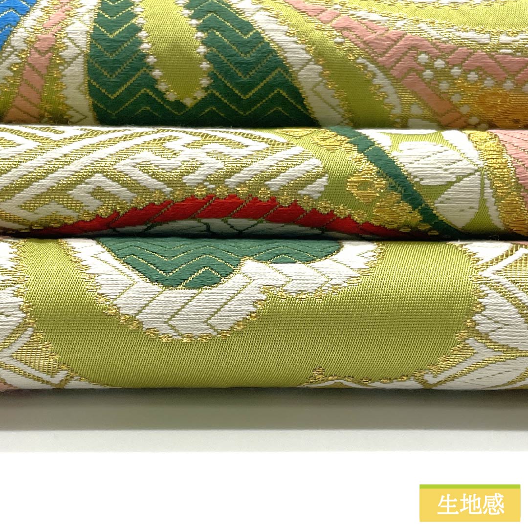 袋帯 正絹 若苗色(わかなえいろ) 振袖用 桜 七宝 紗綾形 帯丈434cm Sランク 六通 フォーマル 緑系 1123013662319