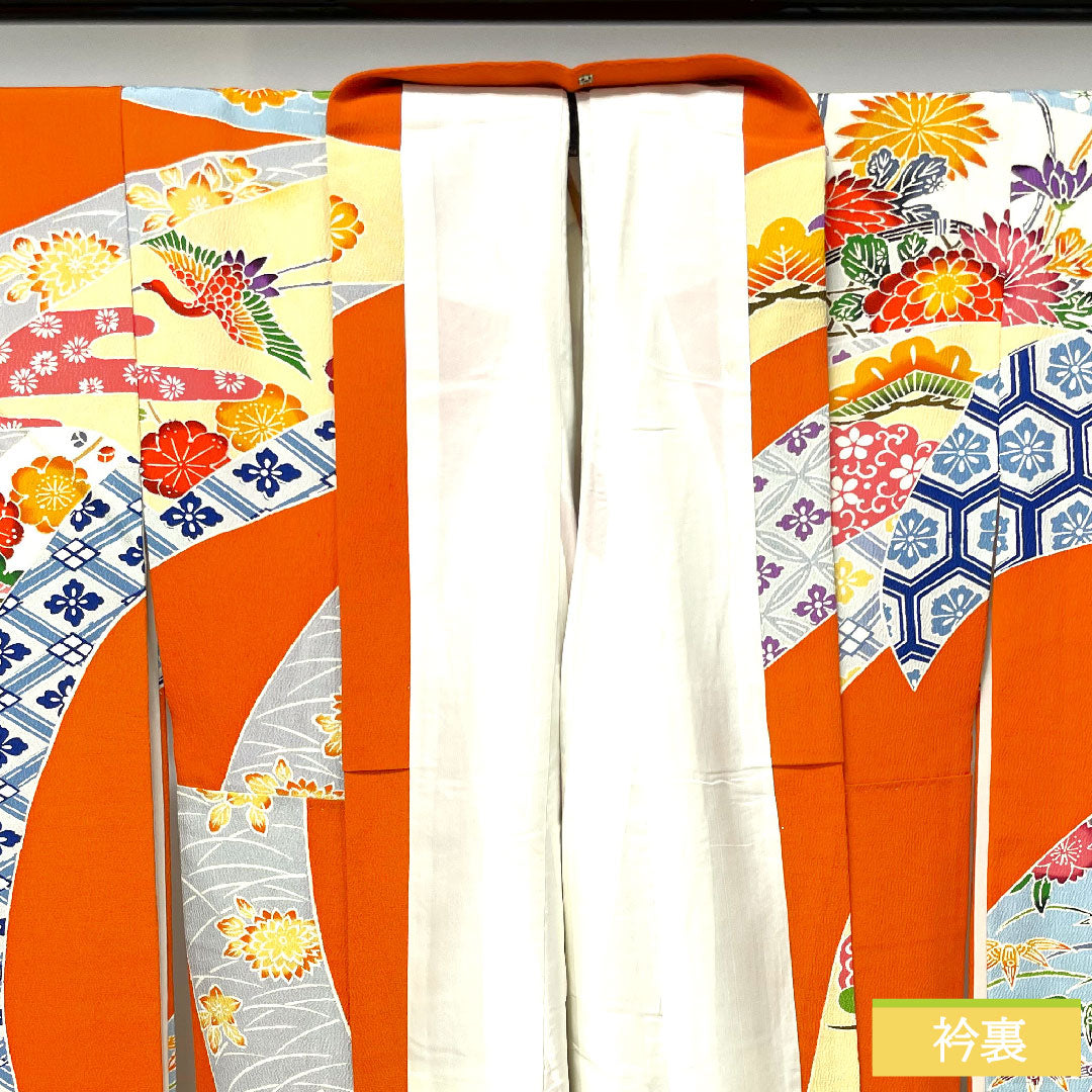 振袖 正絹 身丈151cm 裄丈62cm 袷 黄丹色 京紅型 吉祥文様 Aランク 橙系 1113001913226