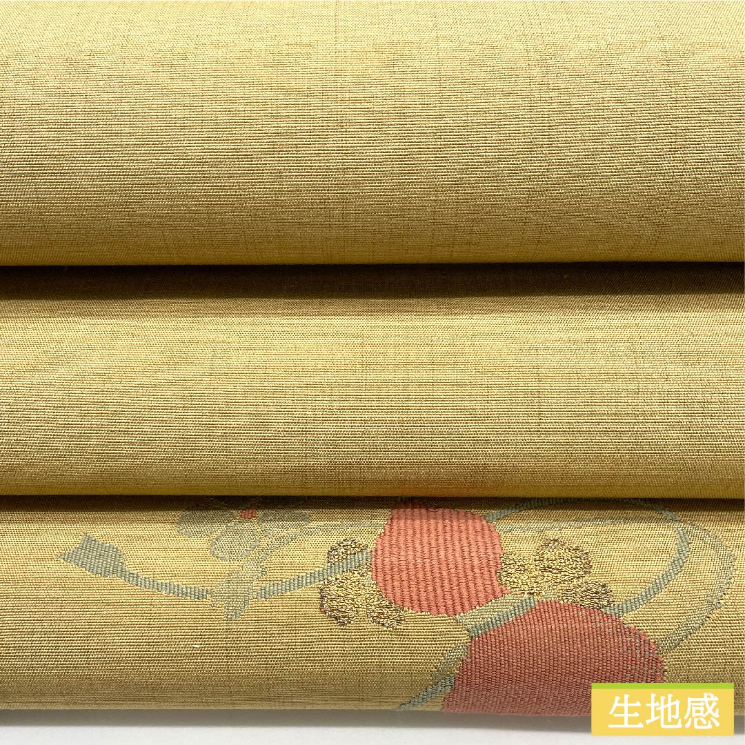 袋帯 山吹鼠色(やまぶきねずいろ) 瓢箪 梅 紬地 帯丈444cm 正絹 Aランク ポイント柄 カジュアル ベージュ系 1123011113325