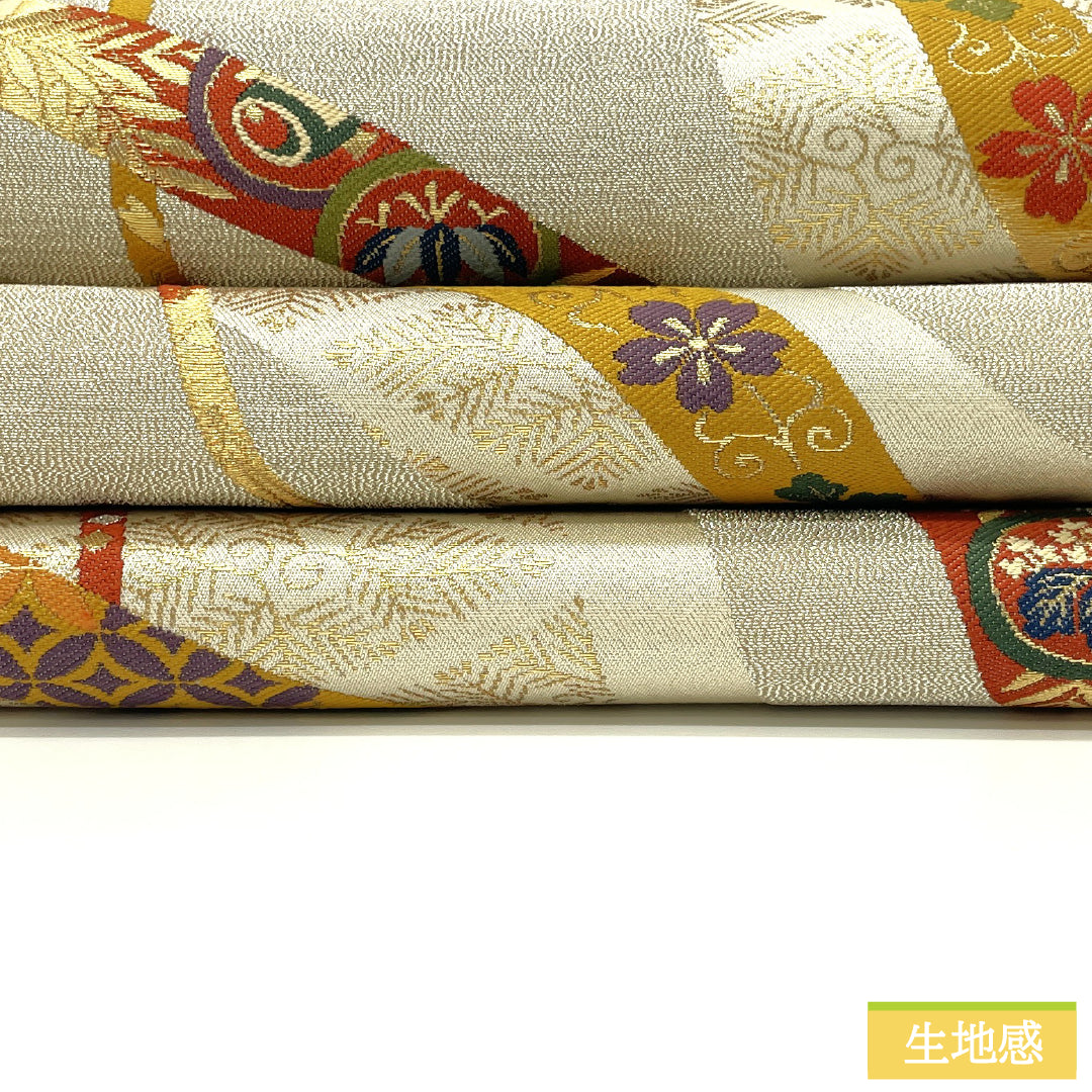 袋帯 正絹 Aランク 熨斗 西陣織 帯丈430cm 六通 フォーマル 銀系 1123017293322